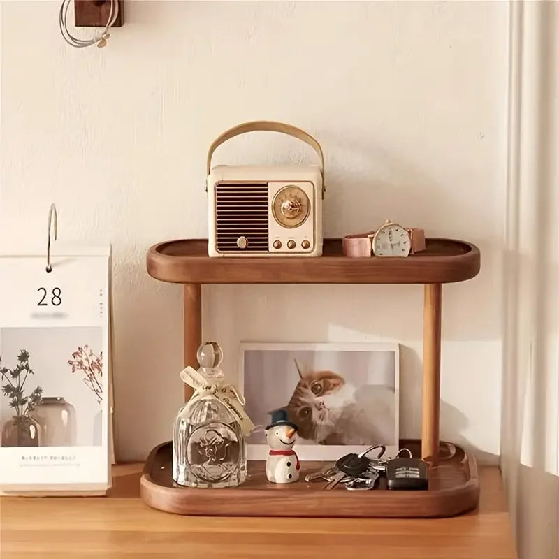 Vintage Solid Wood Double Layer Storage Rack Jewelry Rack Dressing Table Cosmetics Jewelry Storage Rack Home Desktop Decor
